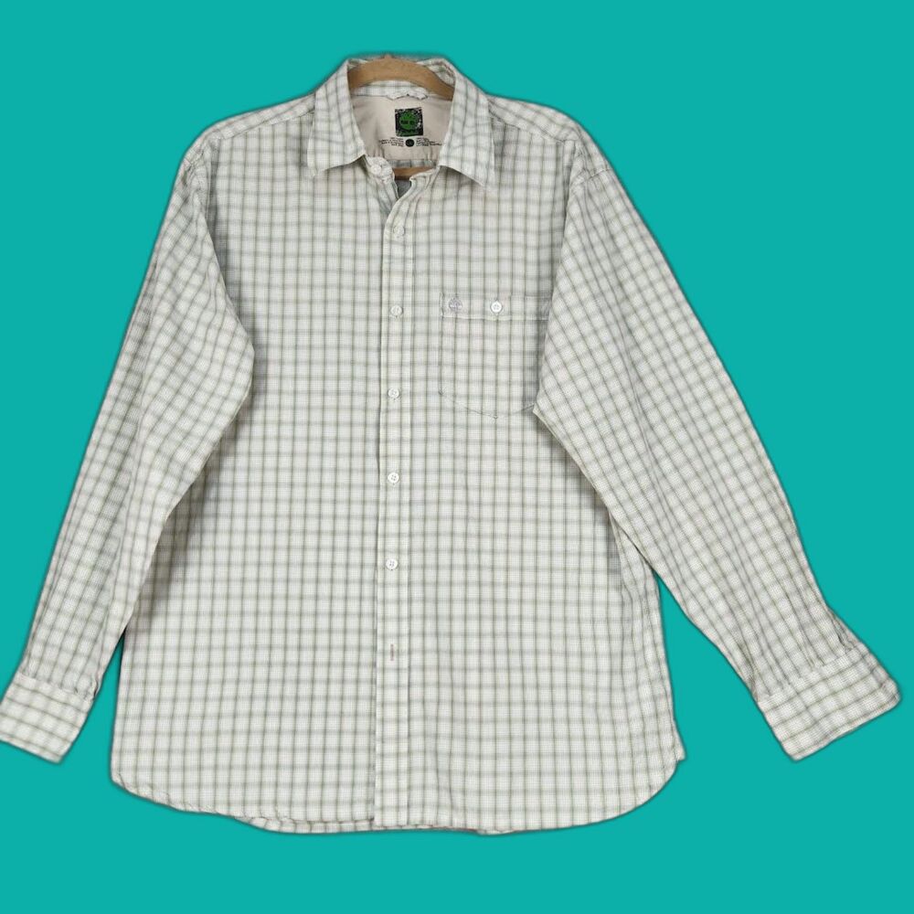 Timberland Men's Green-Cream Plaid Shirt Size L  Gorpcore Athleisure Casual